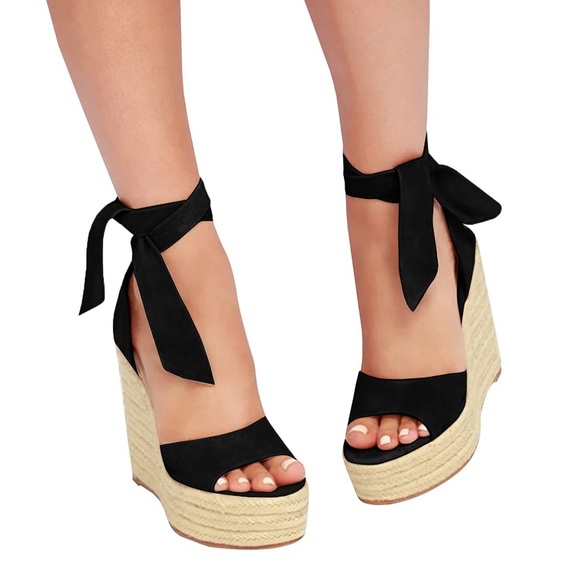 Black Woven Platform Ankle Wrap Wedges - Picture 1 of 6